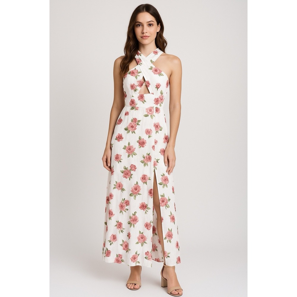 Vtg Y2K Swell Dress Maxi White‎ Floral Dress Sz S Roses Key Hole High Slit Fairy